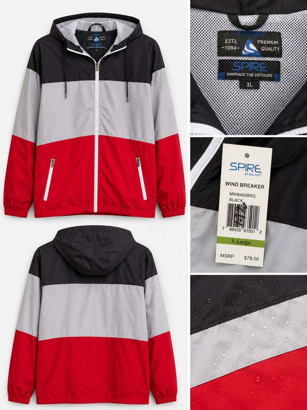 Spire by Galaxy Men's Full Zip Colorblock Windbreaker Jacket MWB400BRG
